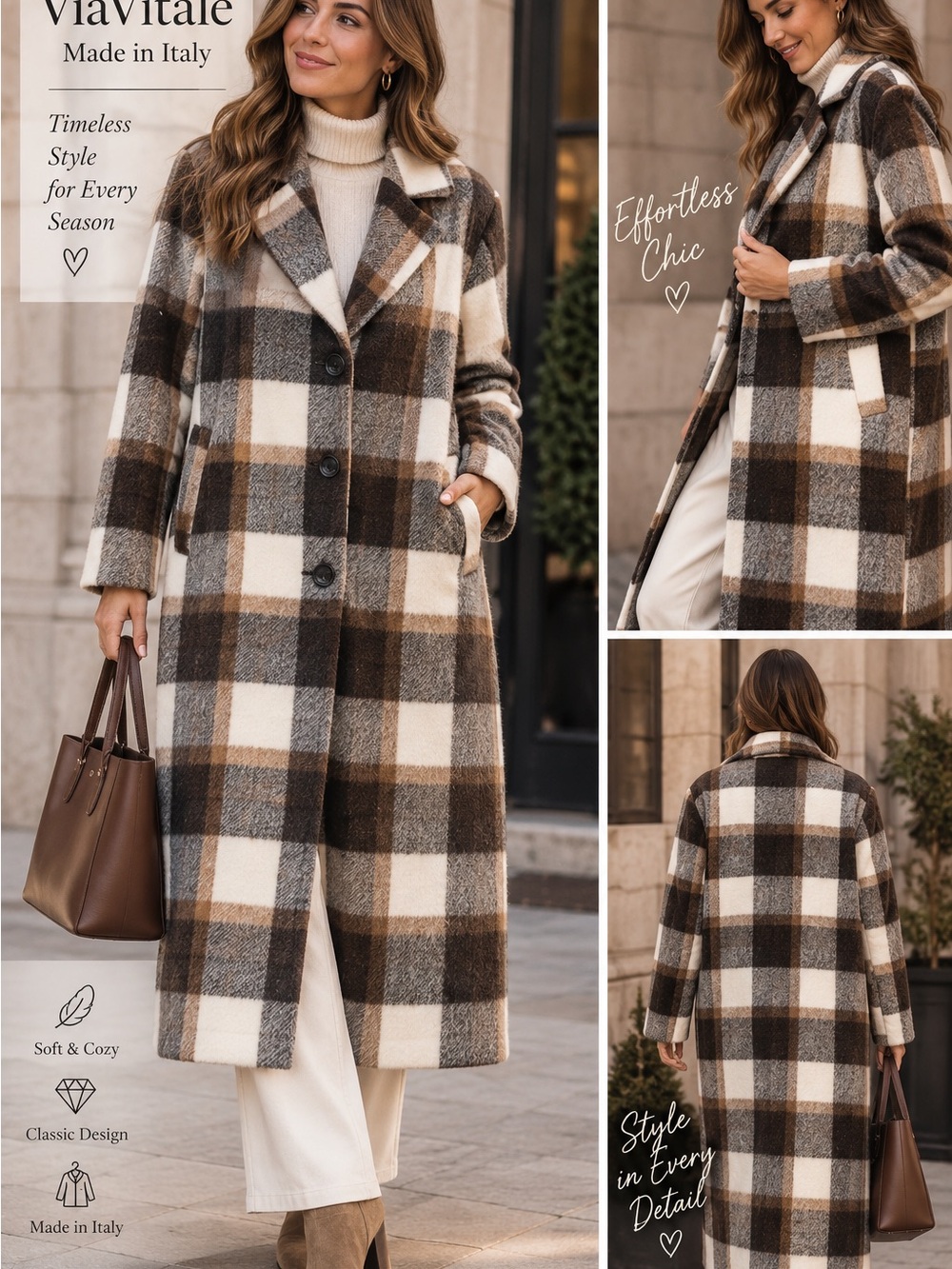 Via Vitale Made in Italy Plaid Long Coat – Size S/M